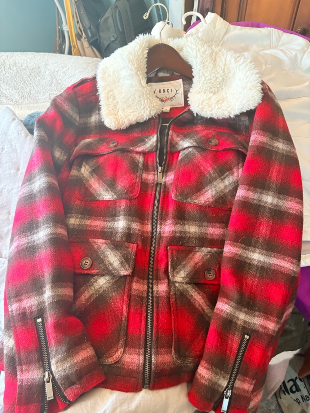 Sundance Red Plaid Sherpa Collar Jacket